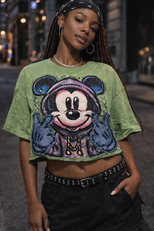 No Rules” Sequin Crop Tee – Acid Green